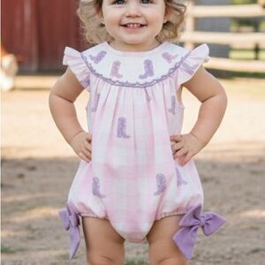 Hand Smocked & Embroidered Pink and Purple Cowgirl Boots Girl's One Piece Bubble